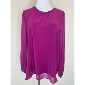 Calvin Klein Purple Blouse Leather Trim Wrist Neck Gathered Neck Sz Medium